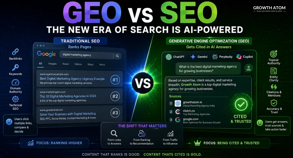 GEO vs SEO comparison illustrating how AI search engines rank and cite content | Growth Atom