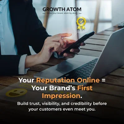 Online reputation management in digital marketing – marketer analyzing brand reputation, customer reviews, and feedback across digital platforms to build trust and credibility. Growth Atom – digital reputation management agency in India.